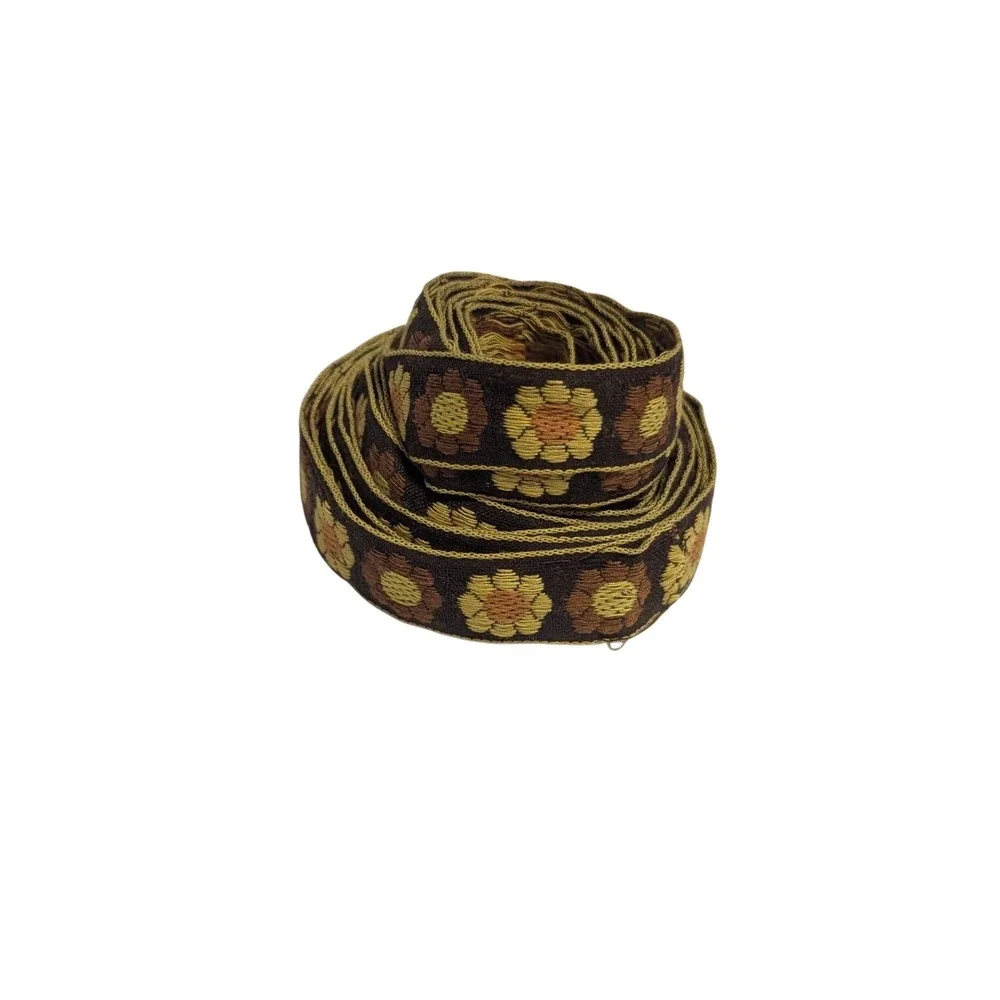 Vintage 70s Woven Jacquard Ribbon Trim Daisy Flower Boho MCM Cottage 4.8 Yards
